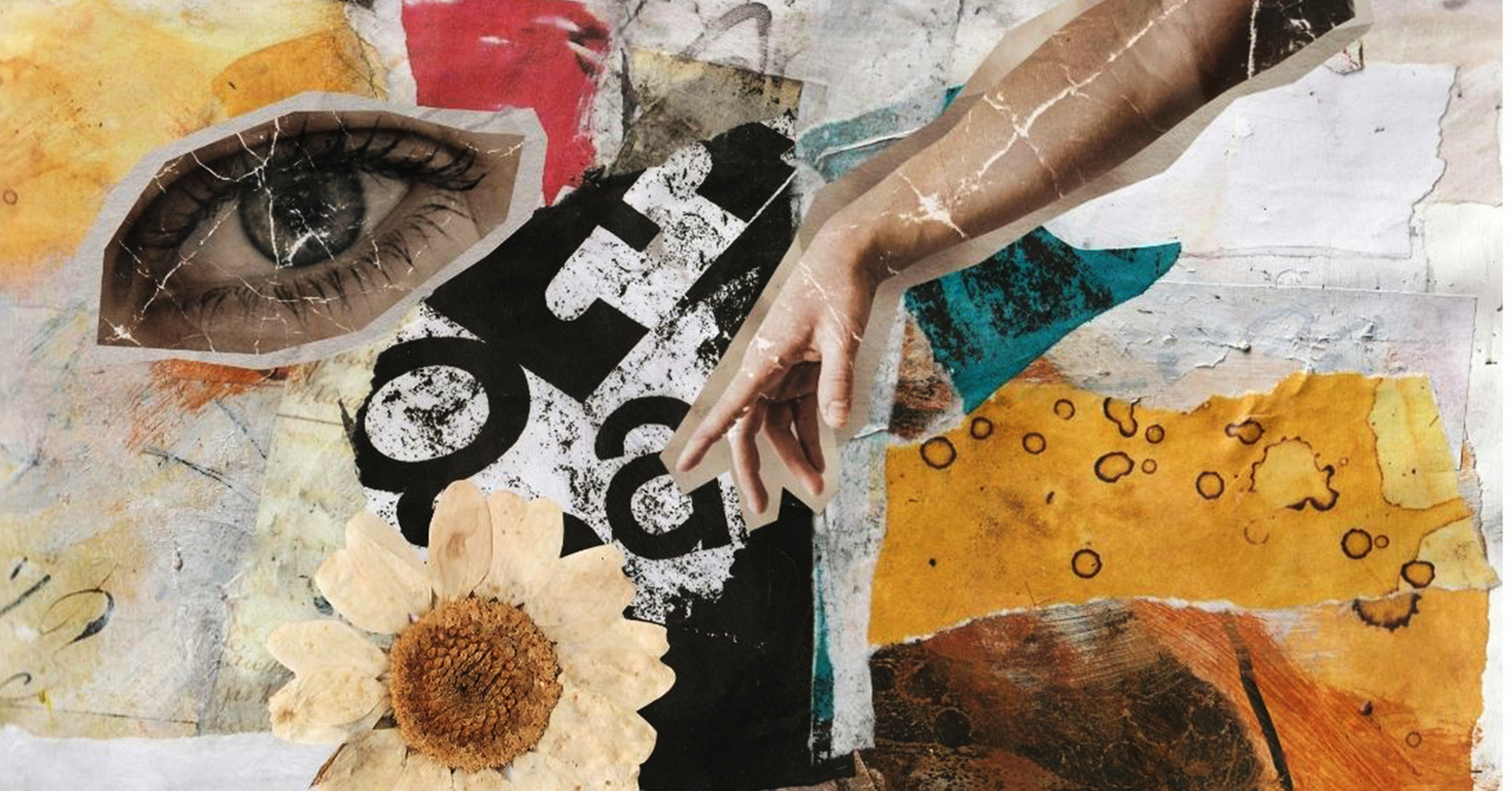 Un collage integrado por un ojo, un brazo y una mano con el dedo índice atraviesa la imagen con un fondo de letras, una flore y otras texturas de ...